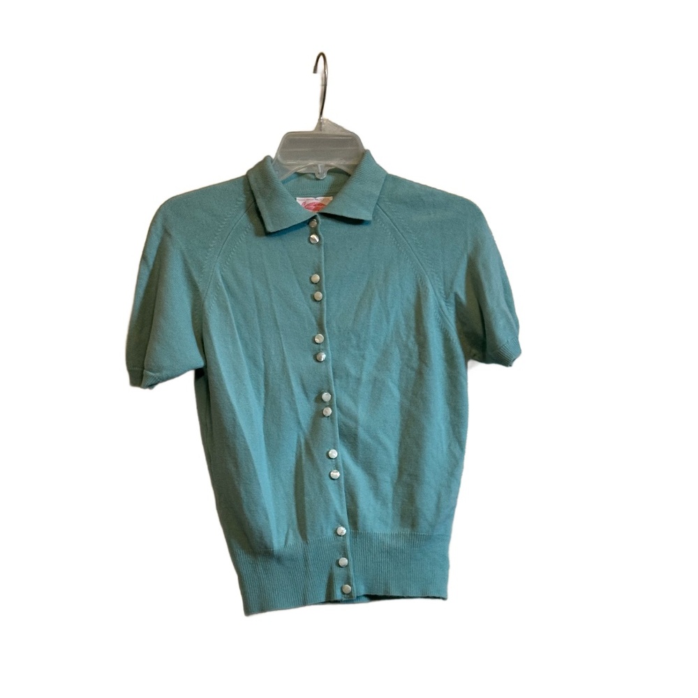 Vintage 70's Kerrybrooke Pale Green Button Front 100% Orlon Short Sleeve Sweater